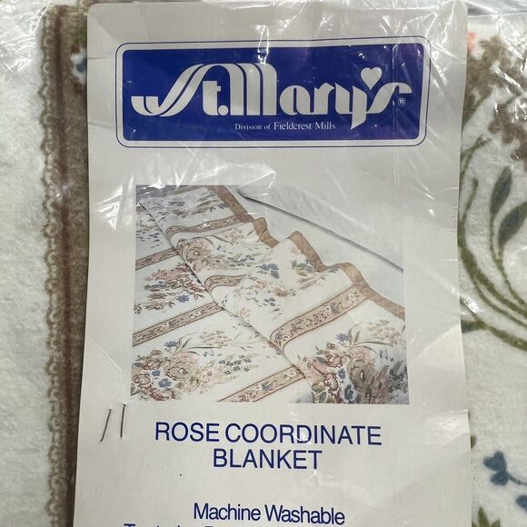Vintage Deadstock St. Mary's Rose Coordinate Blanket Tan Blue Pink Floral 72x90 - Picture 3 of 7